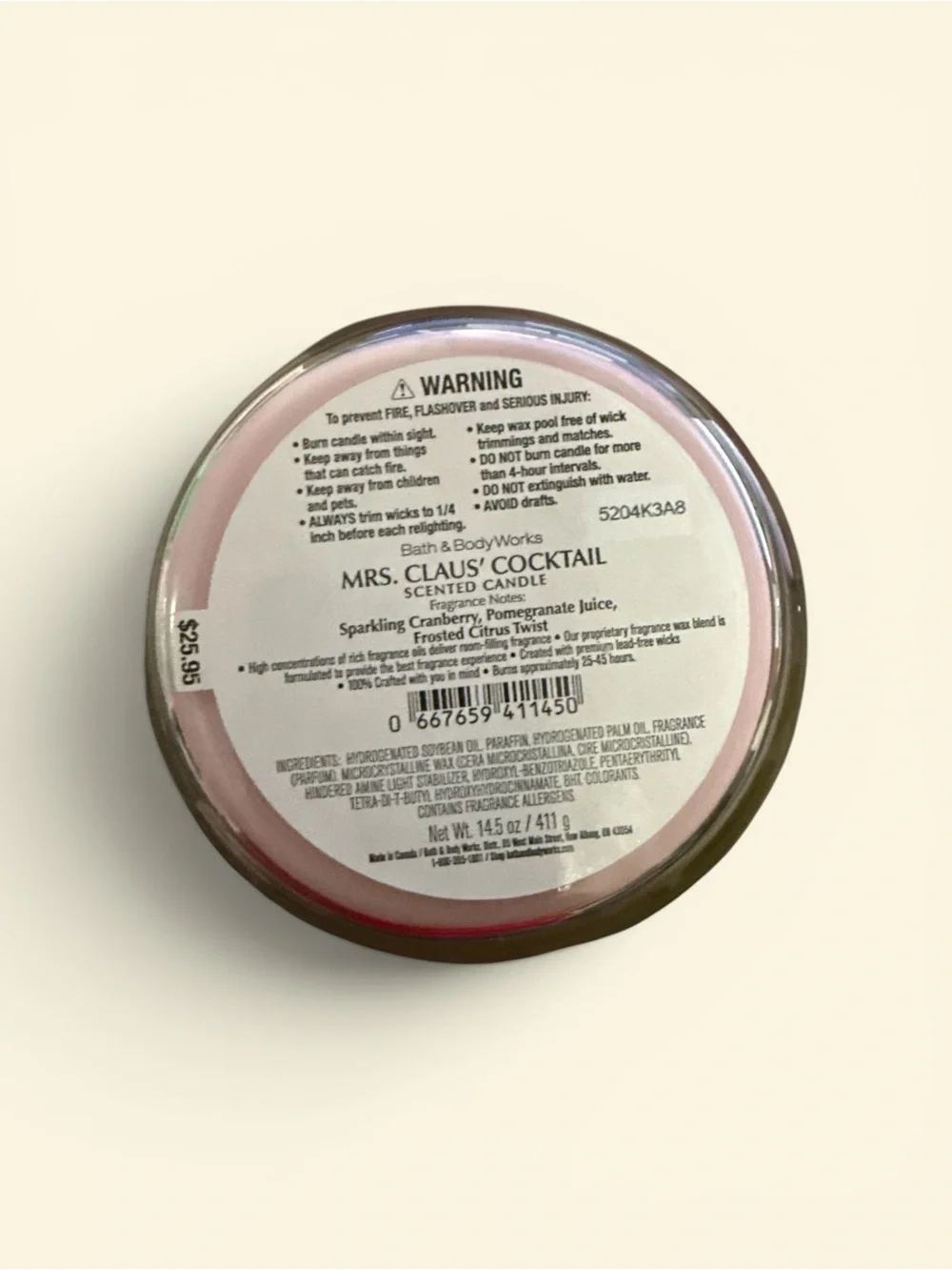 Bath & Body Works Mrs. Claus' Cocktail Soy Candle - Pink